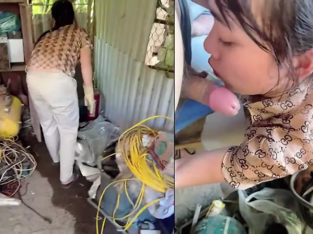 Chị lao công dọn kho mà nứng quá cởi quần đòi chị bú
